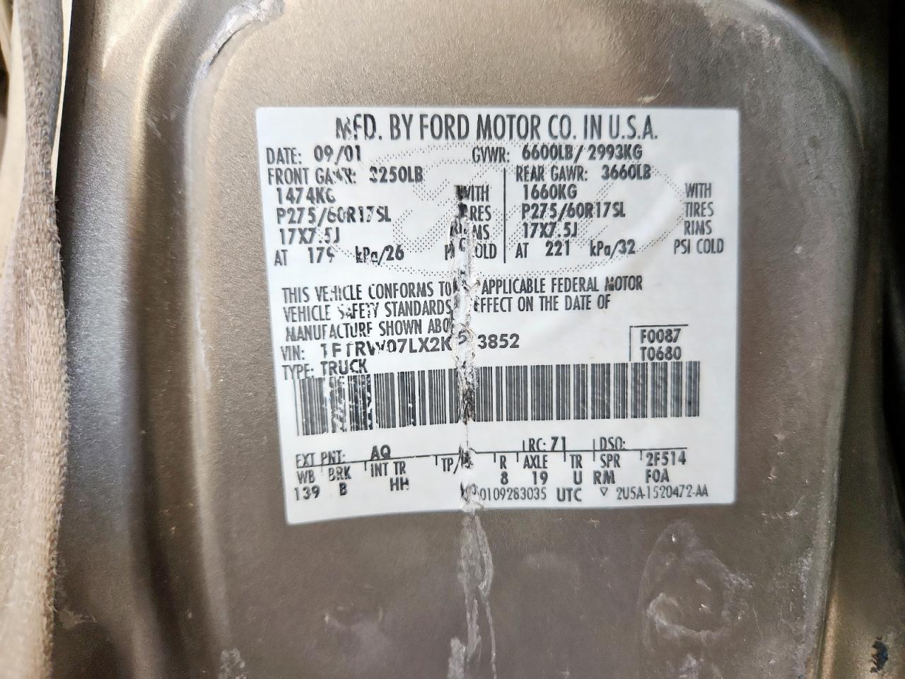 2002 Ford F150 Supercrew VIN: 1FTRW07LX2KA53852 Lot: 70382035