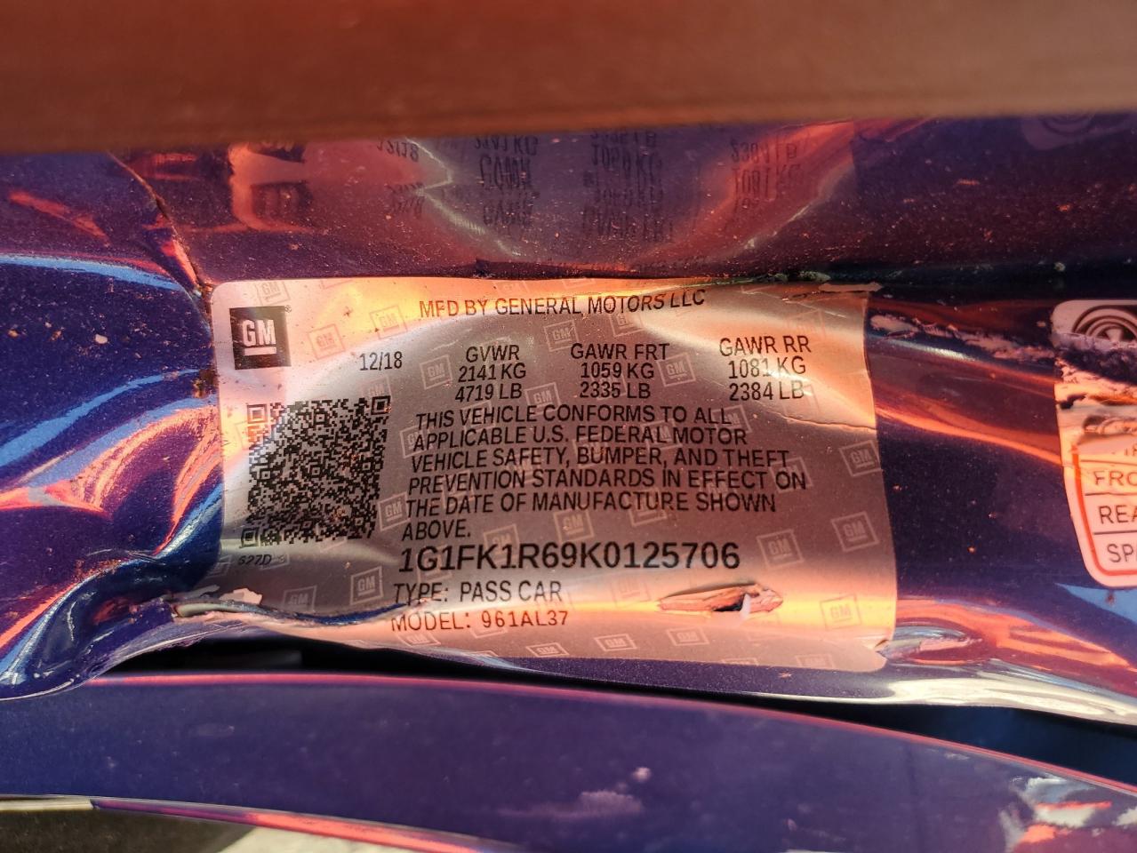 2019 Chevrolet Camaro Zl1 VIN: 1G1FK1R69K0125706 Lot: 71817445