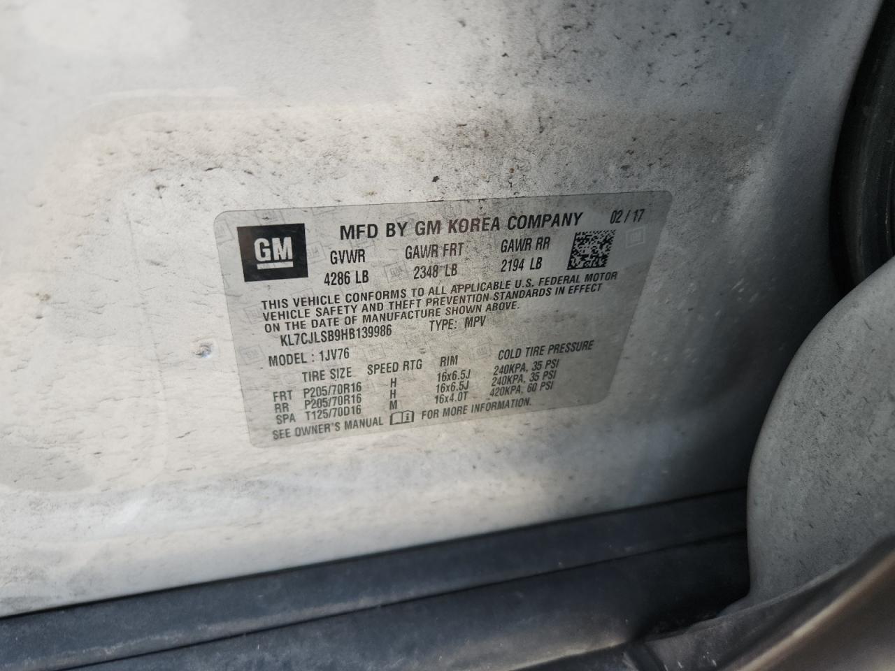 2017 Chevrolet Trax 1Lt VIN: KL7CJLSB9HB139986 Lot: 71420215