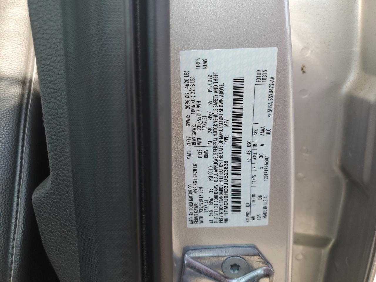 2018 Ford Escape Sel VIN: 1FMCU0HD3JUB23838 Lot: 81013215