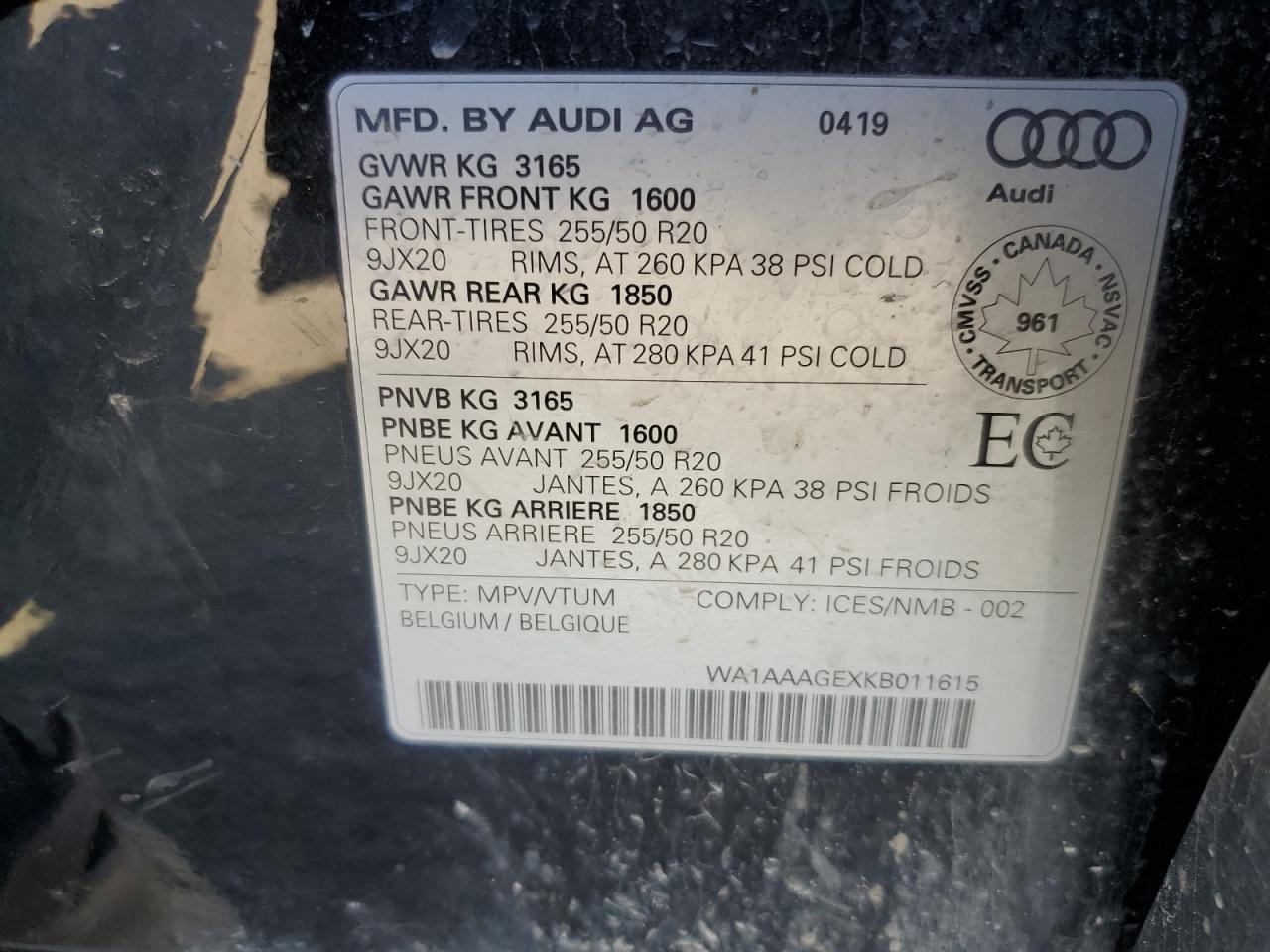 2019 Audi E-Tron Progressiv VIN: WA1AAAGEXKB011615 Lot: 71640645