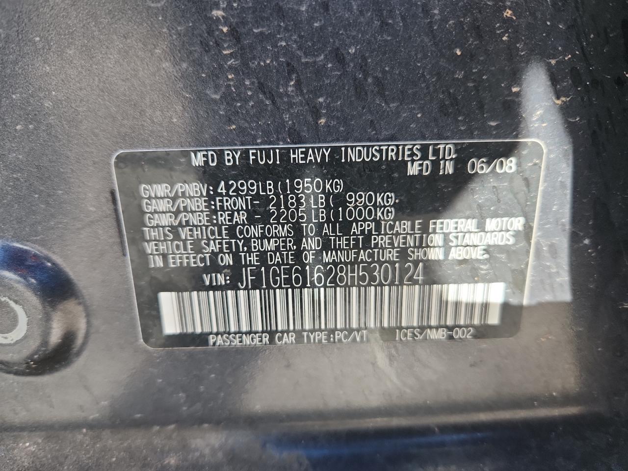 2008 Subaru Impreza 2.5I VIN: JF1GE61628H530124 Lot: 71125905