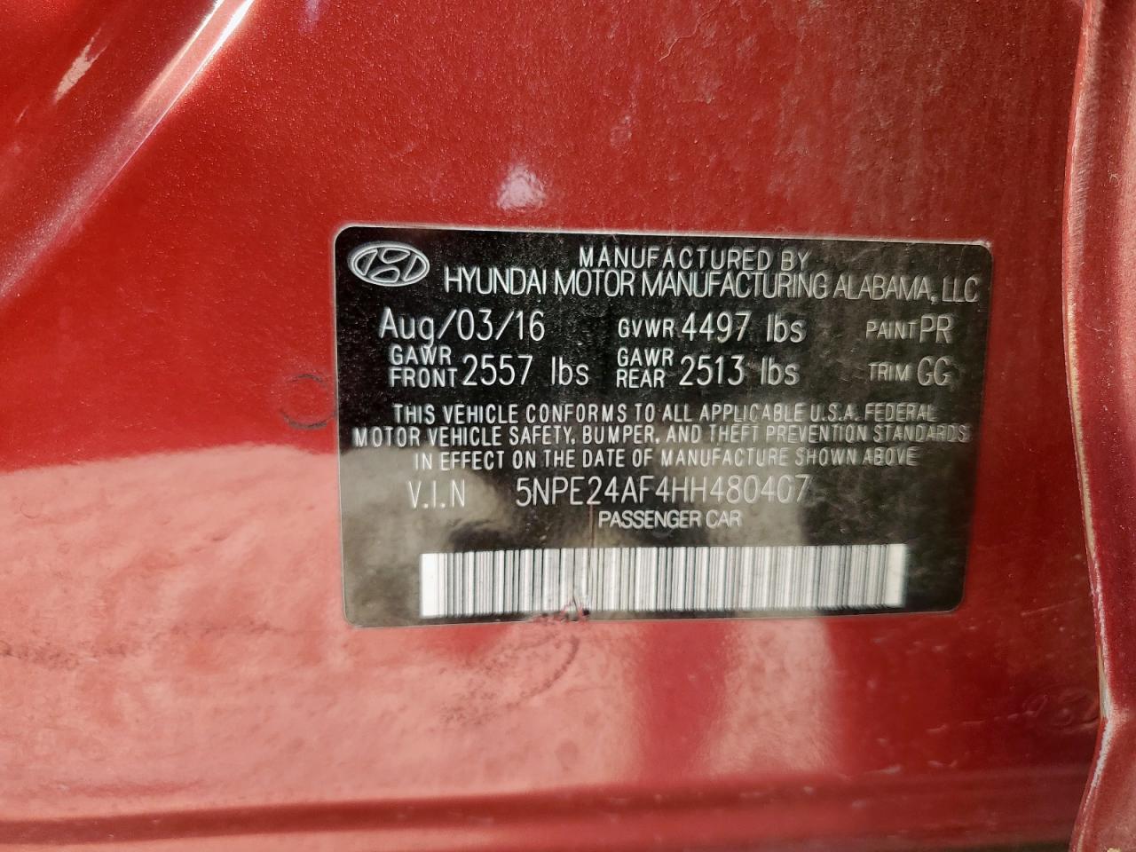 2017 Hyundai Sonata Se VIN: 5NPE24AF4HH480407 Lot: 85920415