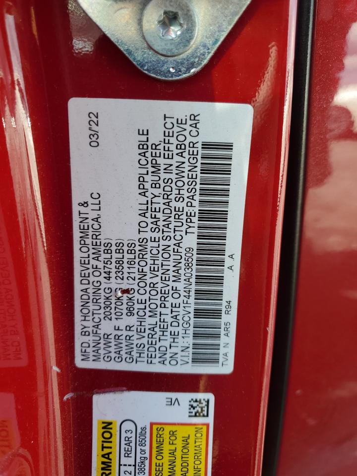 2022 Honda Accord Sport Se VIN: 1HGCV1F44NA038509 Lot: 80627685