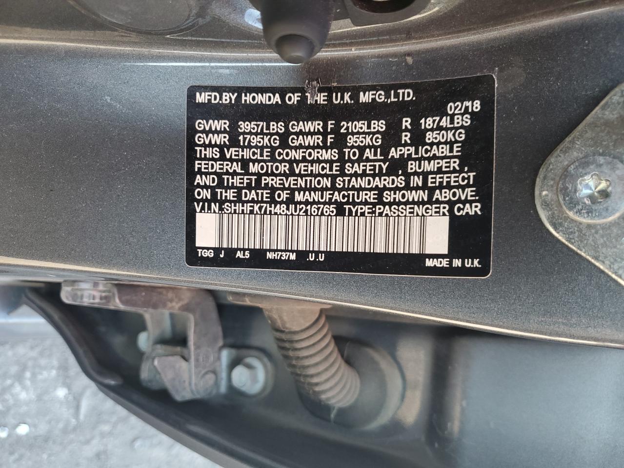 2018 Honda Civic Sport VIN: SHHFK7H48JU216765 Lot: 81202475