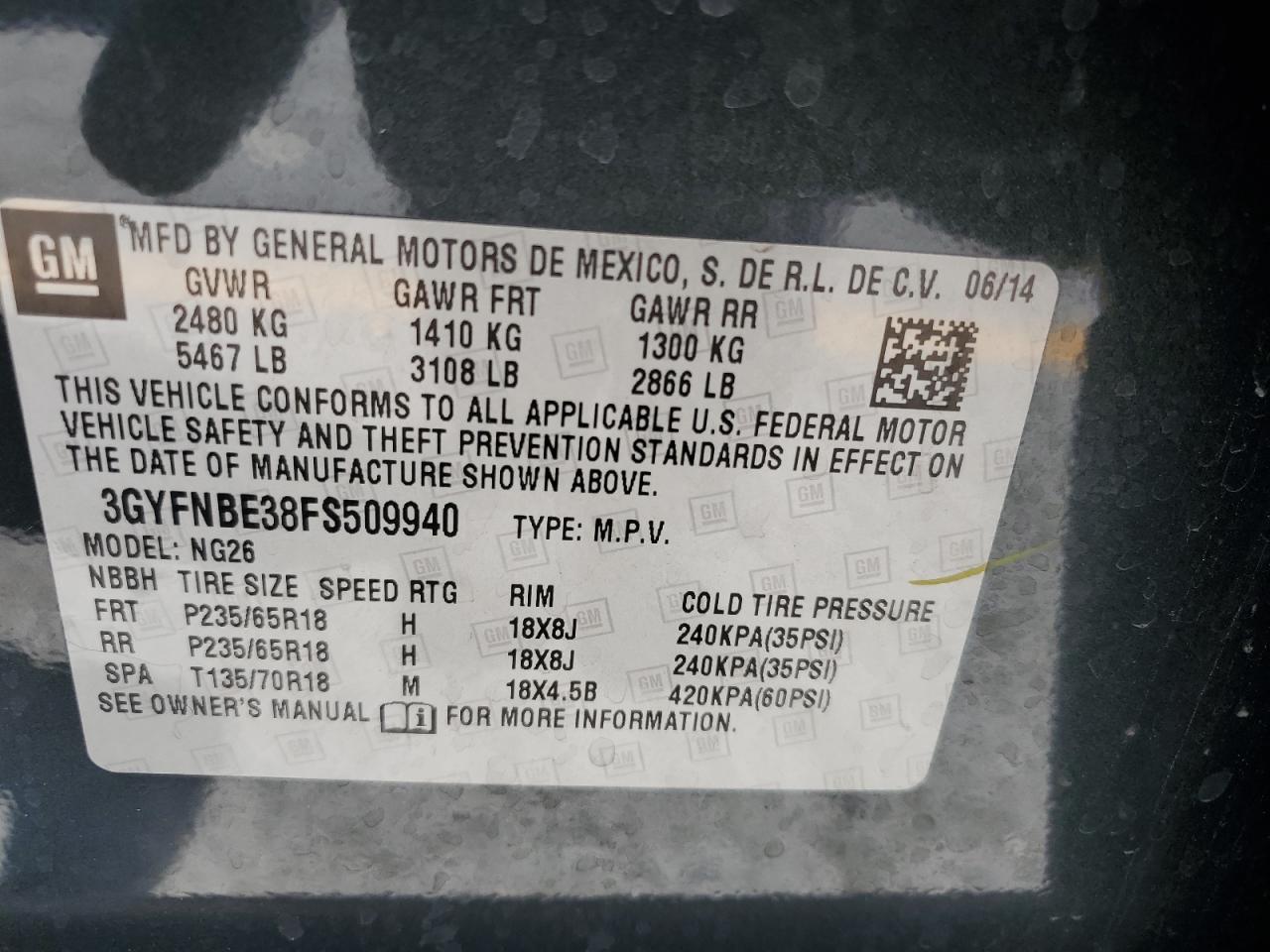 2015 Cadillac Srx Luxury Collection VIN: 3GYFNBE38FS509940 Lot: 82127125