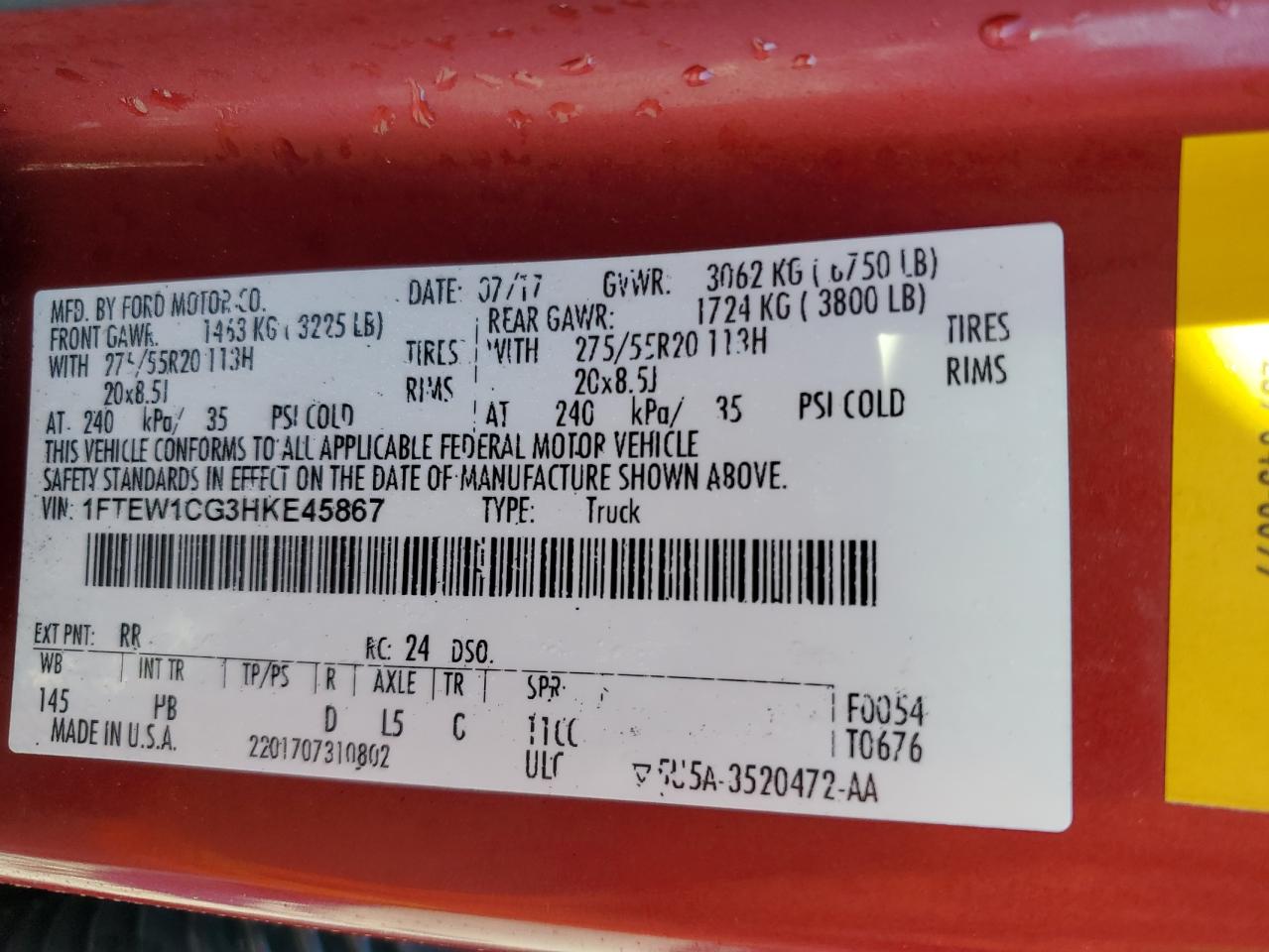 2017 Ford F150 Supercrew VIN: 1FTEW1CG3HKE45867 Lot: 83928075