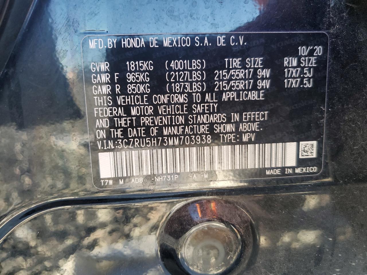 2021 Honda Hr-V Exl VIN: 3CZRU5H73MM703938 Lot: 83767665