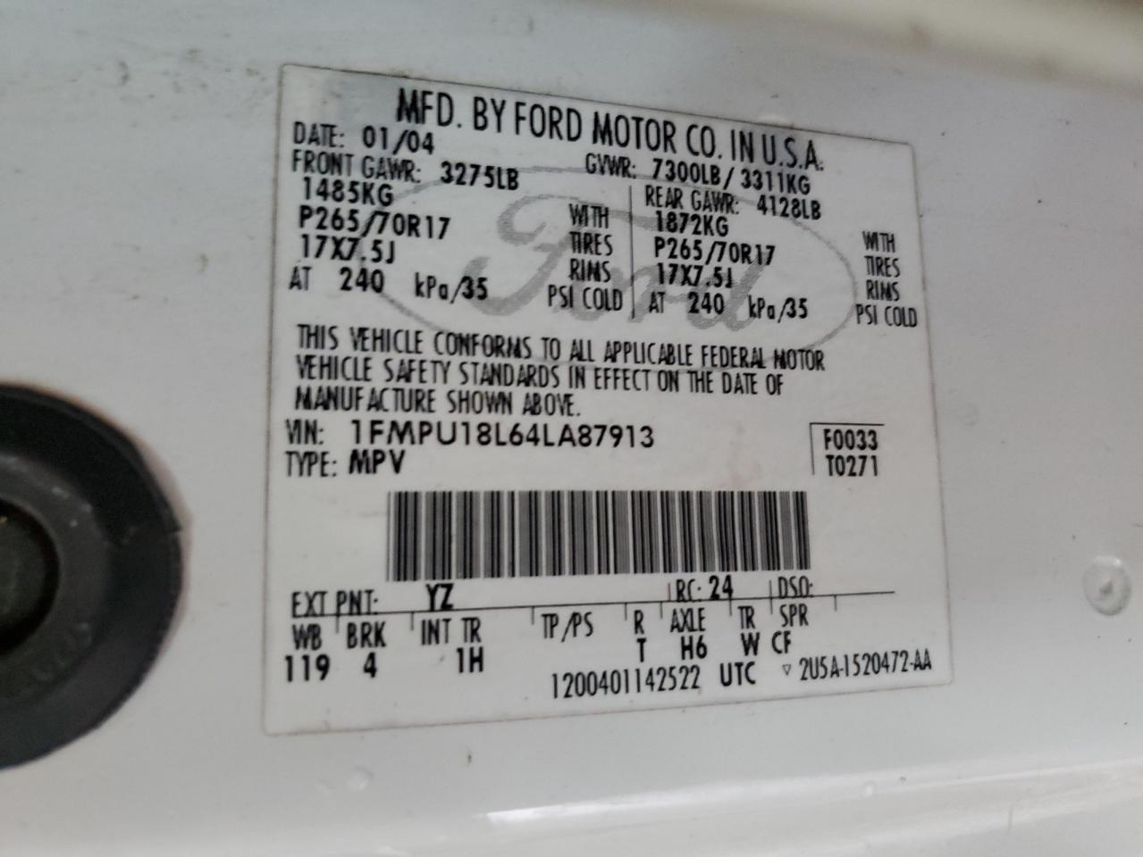 2004 Ford Expedition Eddie Bauer VIN: 1FMPU18L64LA87913 Lot: 71676585