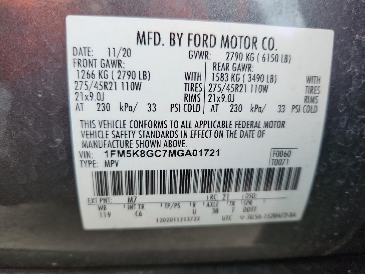 2021 Ford Explorer St VIN: 1FM5K8GC7MGA01721 Lot: 71682855