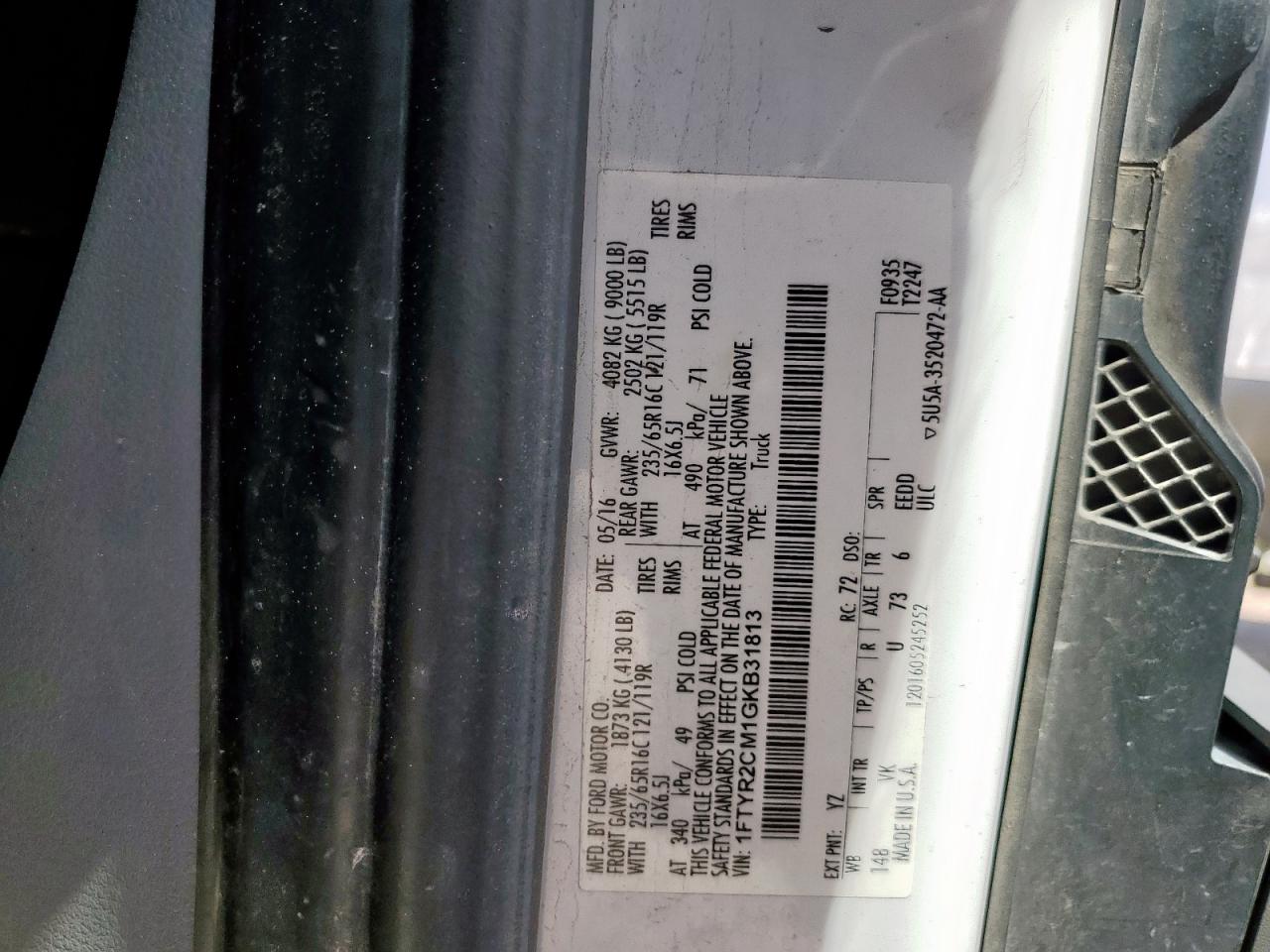 2016 Ford Transit T-250 VIN: 1FTYR2CM1GKB31813 Lot: 71491365