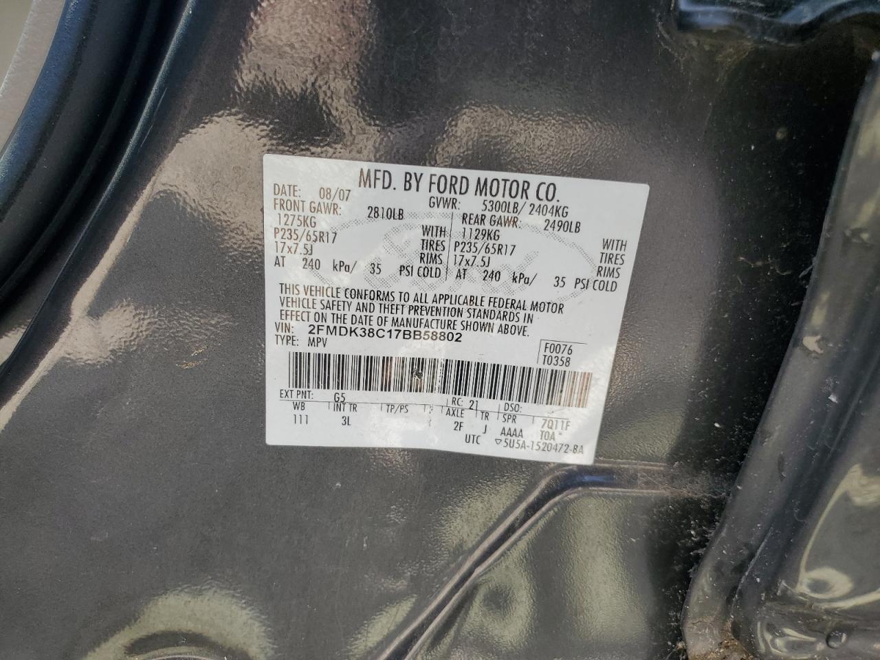 2007 Ford Edge Sel VIN: 2FMDK38C17BB58802 Lot: 80706495