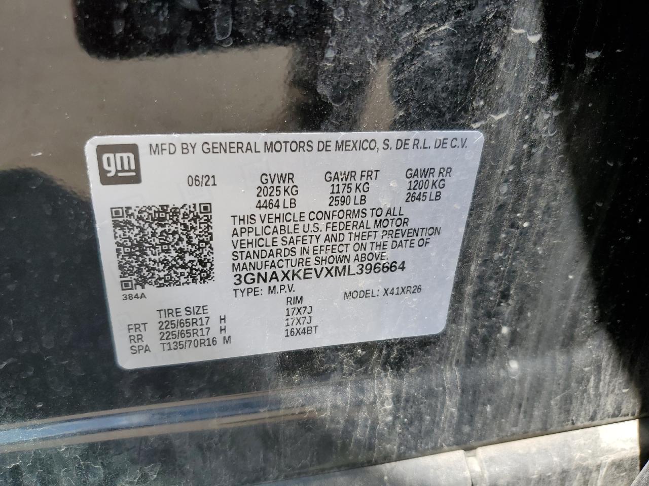 2021 Chevrolet Equinox Lt VIN: 3GNAXKEVXML396664 Lot: 71270215