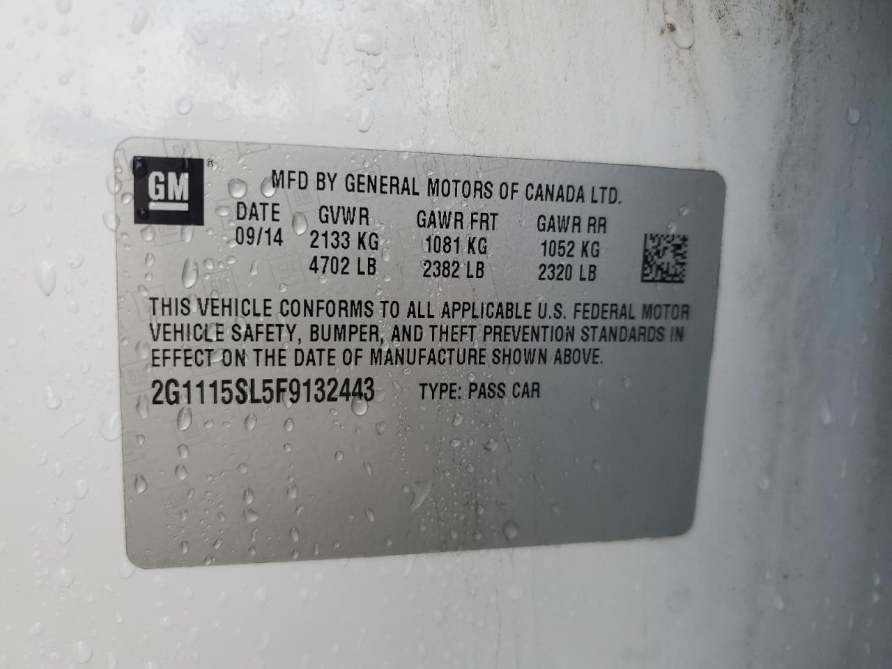 2015 Chevrolet Impala Lt VIN: 2G1115SL5F9132443 Lot: 71707455