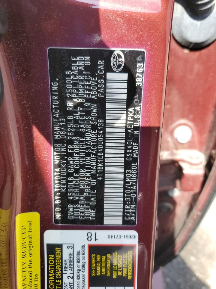 2013 Toyota Avalon Base VIN: 4T1BK1EB4DU054138 Lot: 80664725