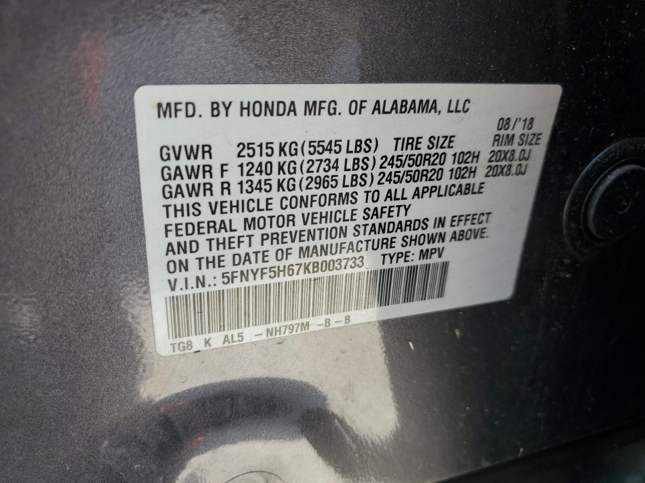 2019 Honda Pilot Touring VIN: 5FNYF5H67KB003733 Lot: 80526765