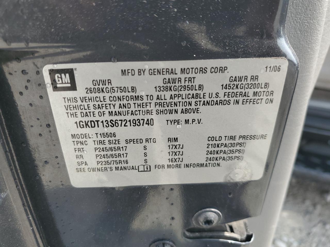 2007 GMC Envoy VIN: 1GKDT13S672193740 Lot: 71833835