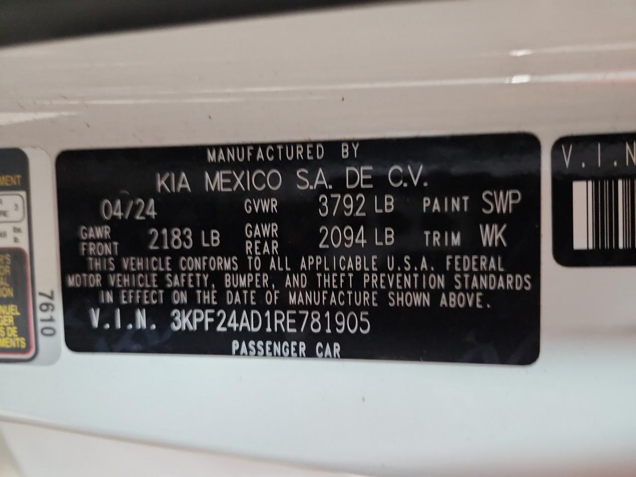 2024 Kia Forte Lx VIN: 3KPF24AD1RE781905 Lot: 82061605
