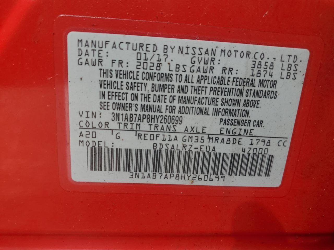 2017 Nissan Sentra S VIN: 3N1AB7AP8HY260699 Lot: 71121445