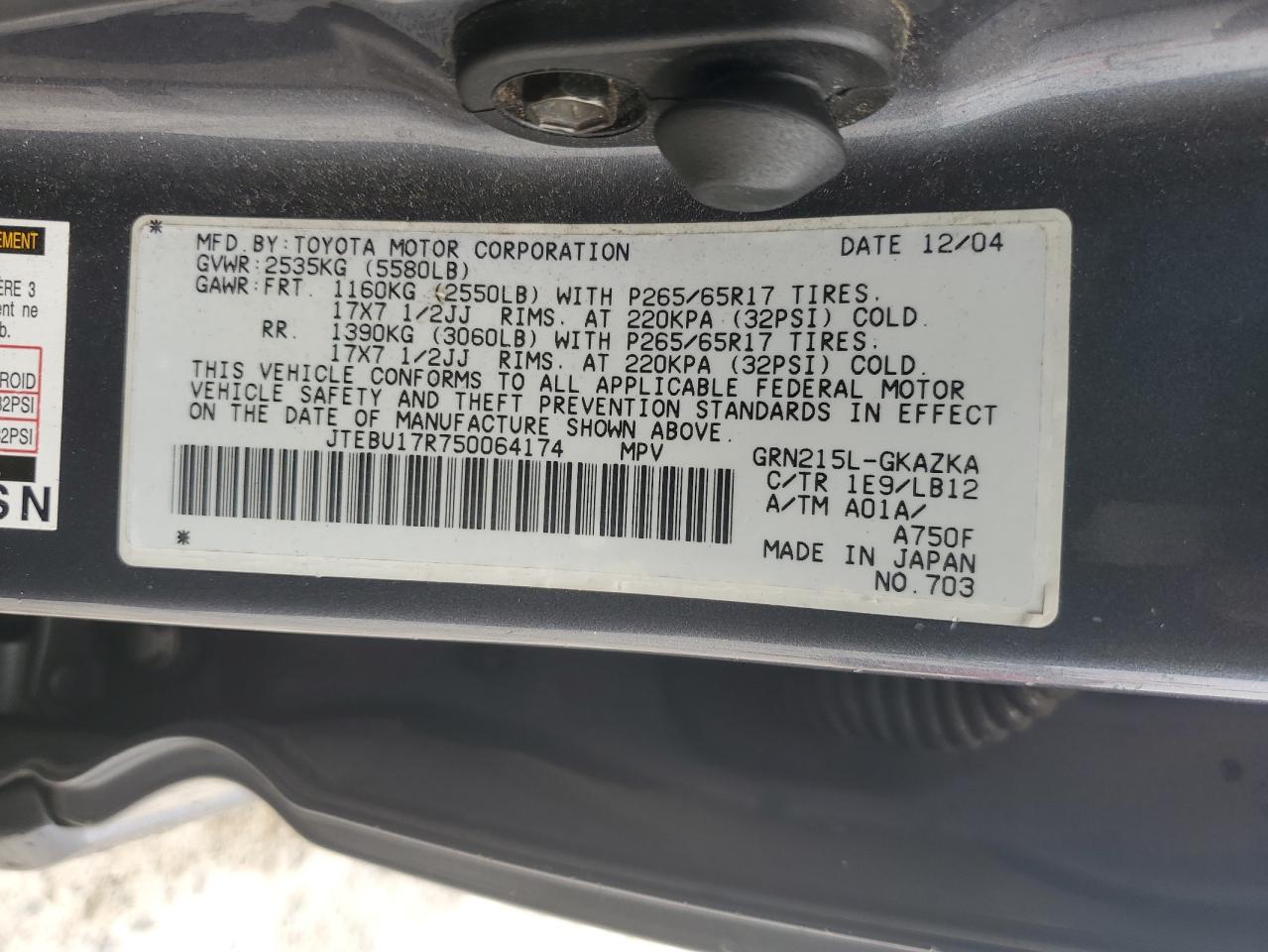 2005 Toyota 4Runner Limited VIN: JTEBU17R750064174 Lot: 81812295