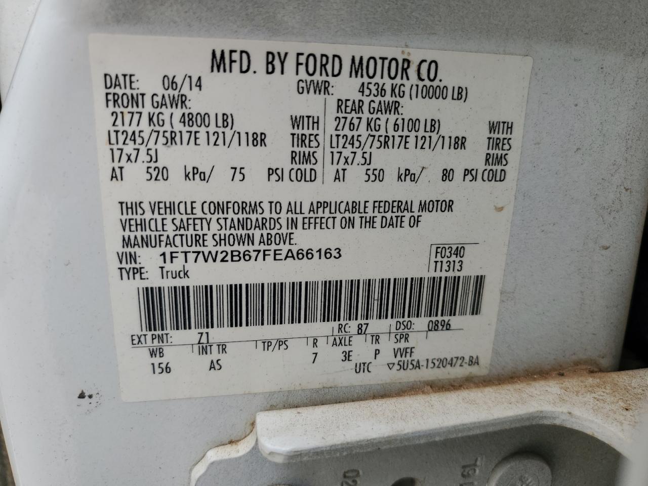 2015 Ford F250 Super Duty VIN: 1FT7W2B67FEA66163 Lot: 84393045