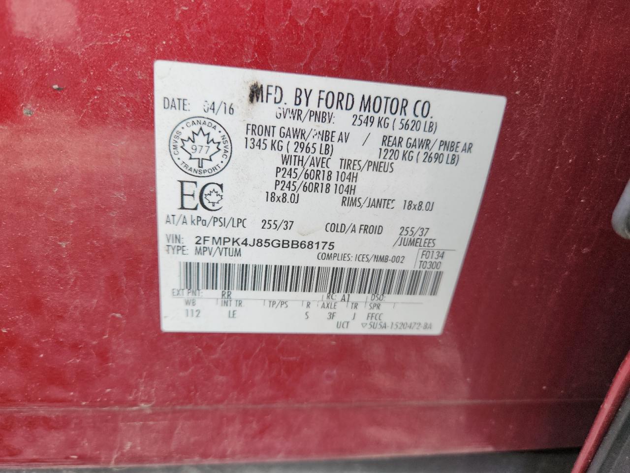 2016 Ford Edge Sel VIN: 2FMPK4J85GBB68175 Lot: 81323215