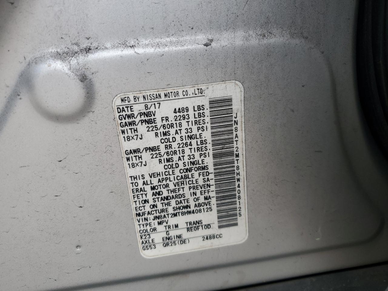 2017 Nissan Rogue S VIN: JN8AT2MT8HW408125 Lot: 83861655