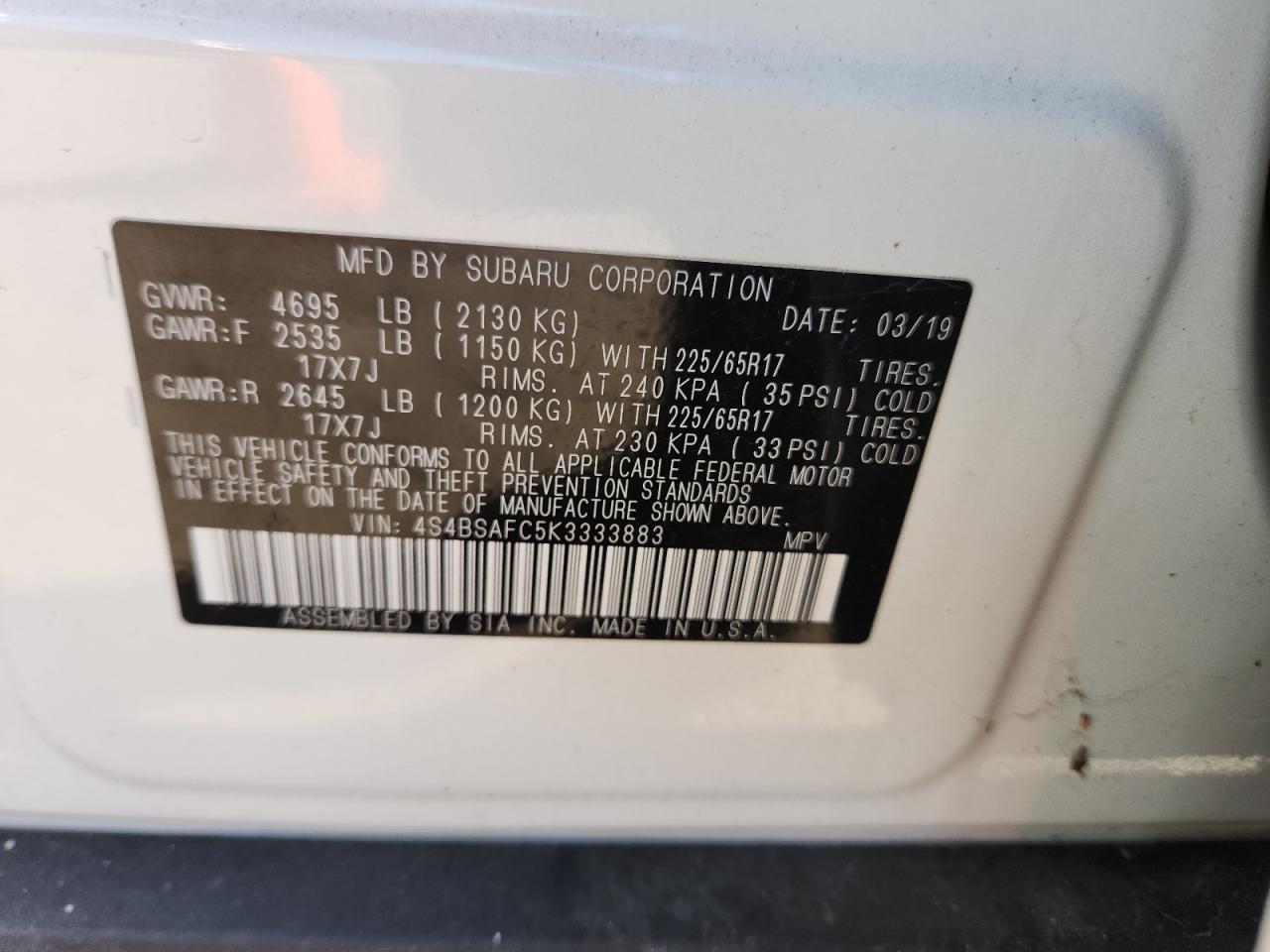 2019 Subaru Outback 2.5I Premium VIN: 4S4BSAFC5K3333883 Lot: 80359185