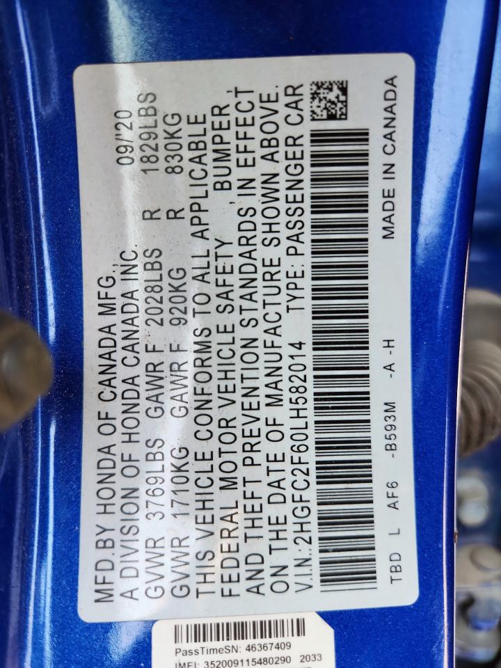 2020 Honda Civic Lx VIN: 2HGFC2F60LH582014 Lot: 72073995