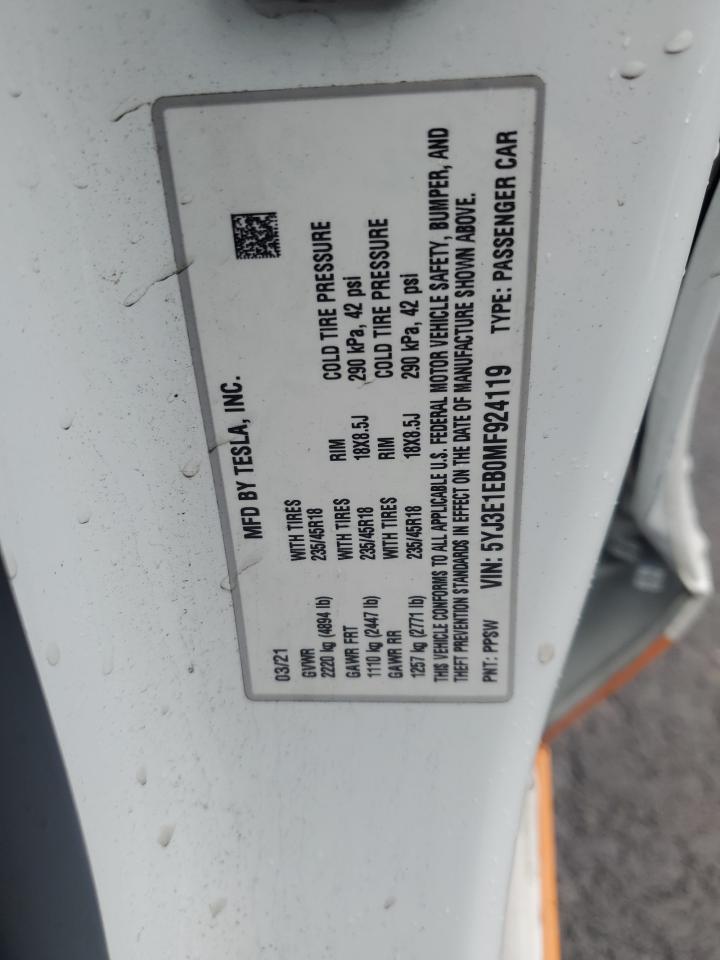 2021 Tesla Model 3 VIN: 5YJ3E1EB0MF924119 Lot: 84033625