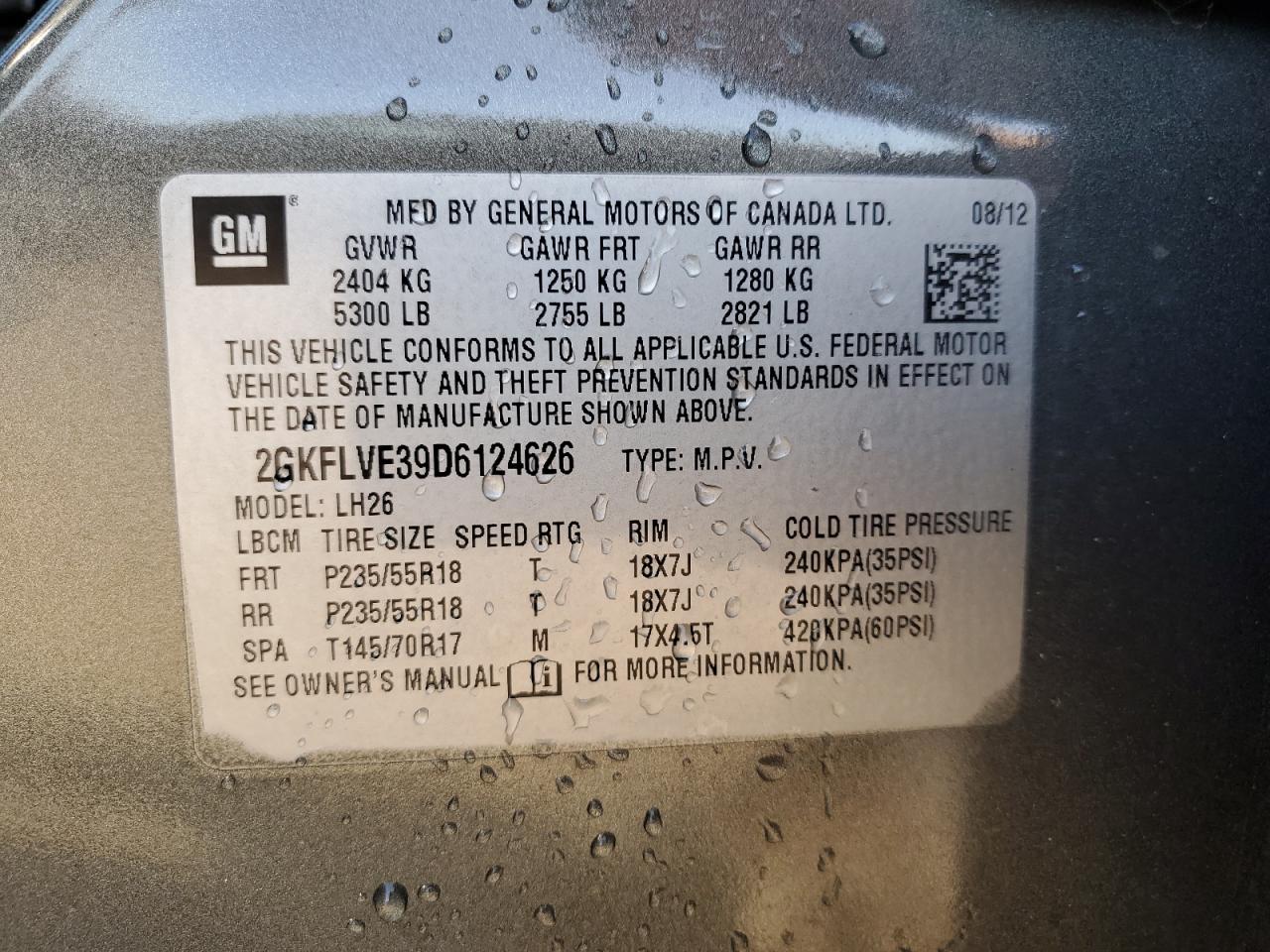 2013 GMC Terrain Slt VIN: 2GKFLVE39D6124626 Lot: 82118645