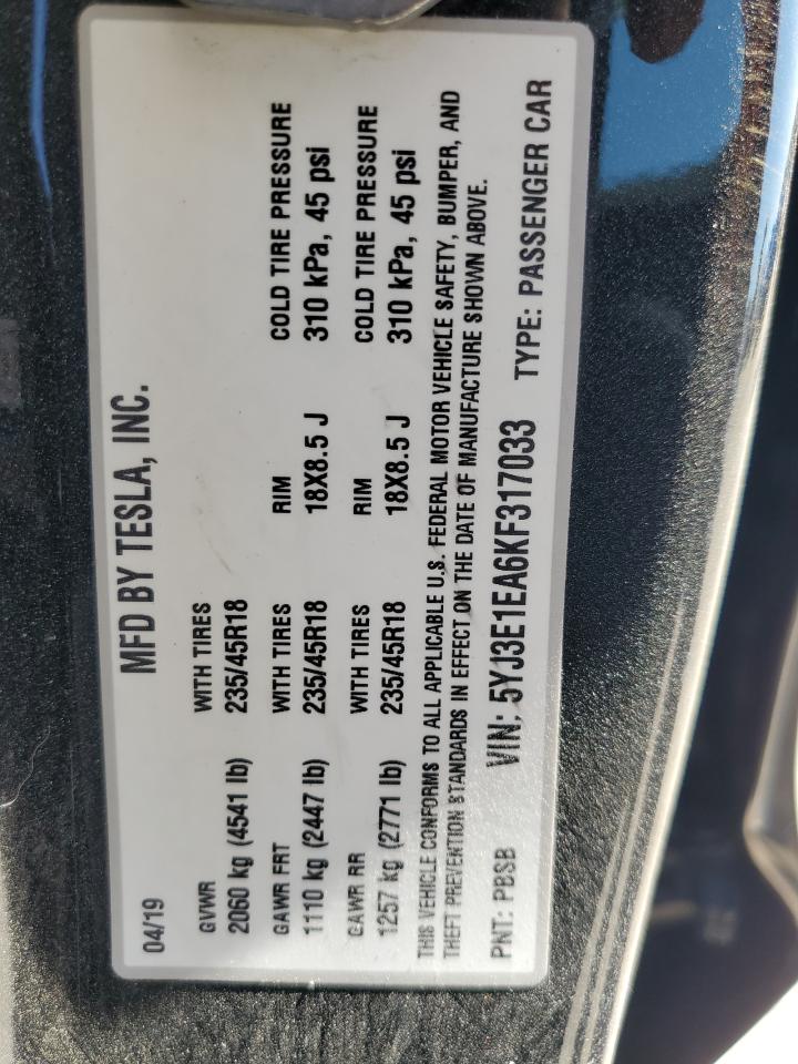 2019 Tesla Model 3 VIN: 5YJ3E1EA6KF317033 Lot: 71561615