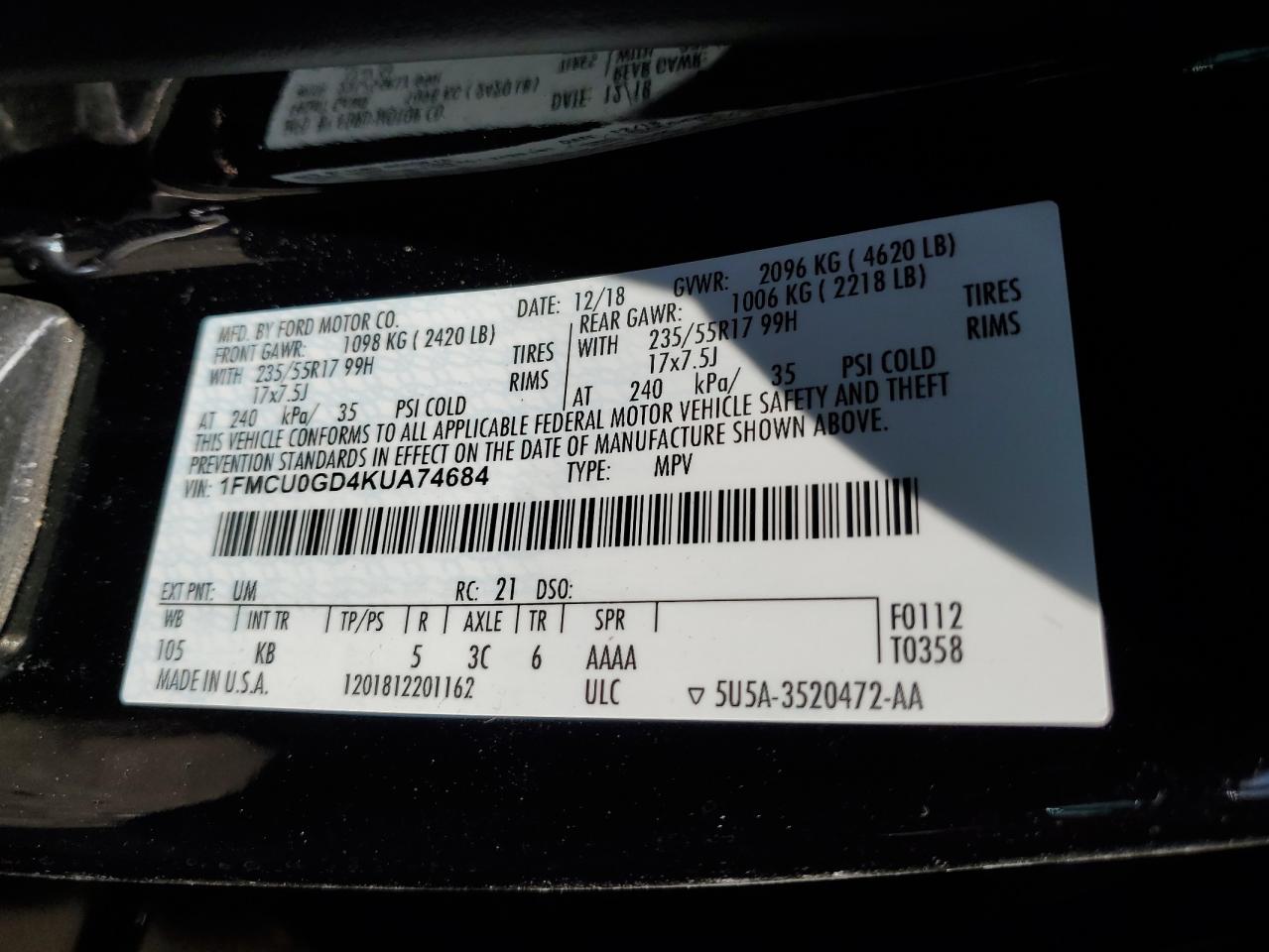 2019 Ford Escape Se VIN: 1FMCU0GD4KUA74684 Lot: 80402575