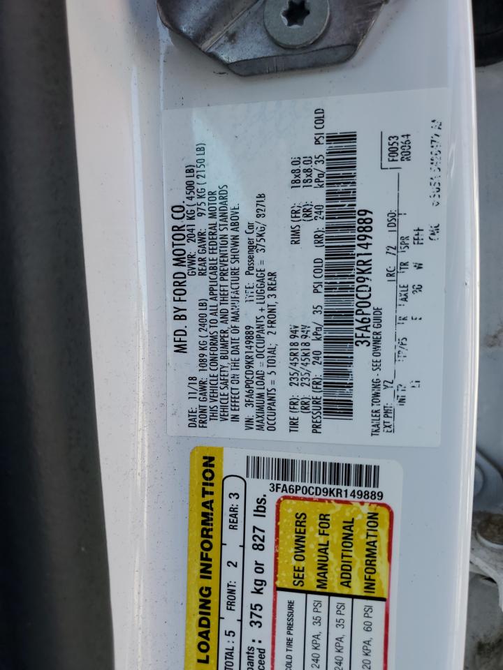 2019 Ford Fusion Sel VIN: 3FA6P0CD9KR149889 Lot: 80869495