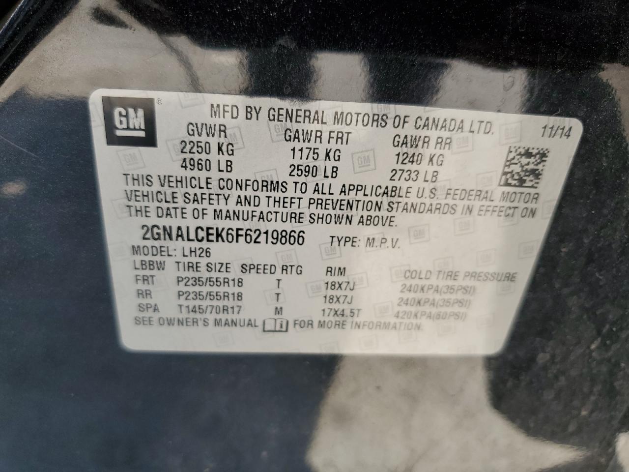 2015 Chevrolet Equinox Lt VIN: 2GNALCEK6F6219866 Lot: 71698155