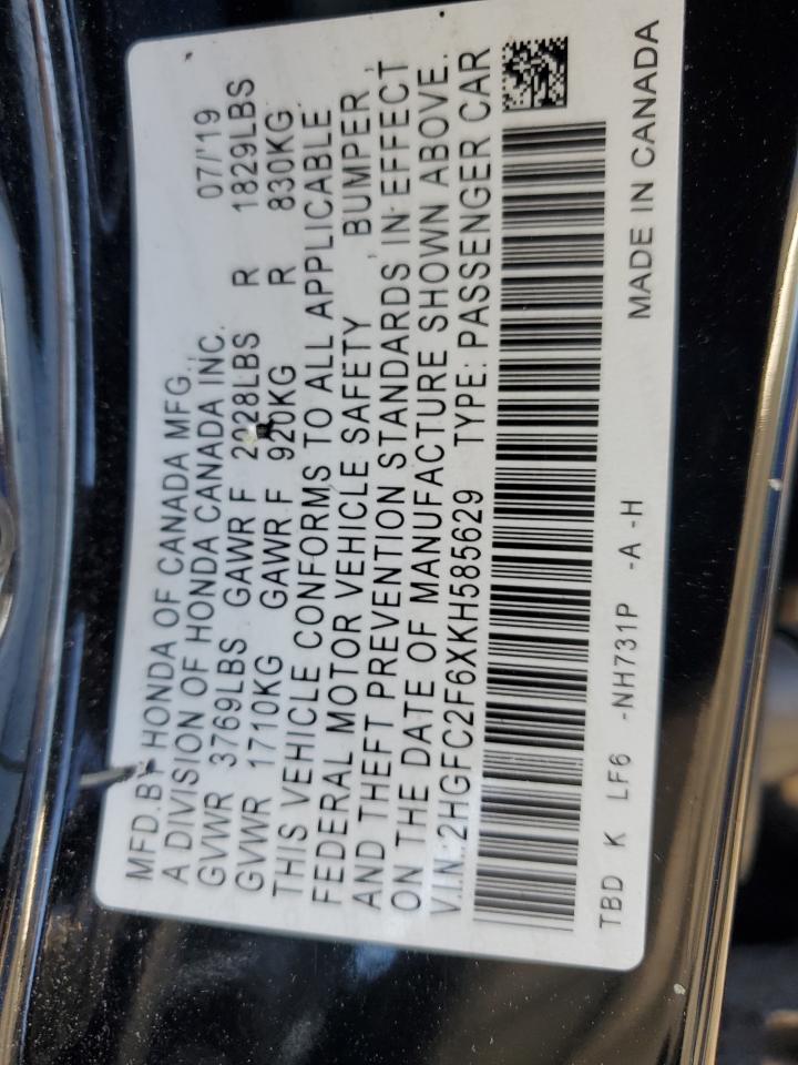 2019 Honda Civic Lx VIN: 2HGFC2F6XKH585629 Lot: 80029565