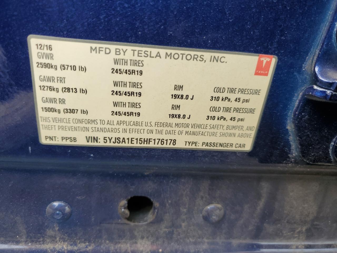 2017 Tesla Model S VIN: 5YJSA1E15HF176178 Lot: 80792725