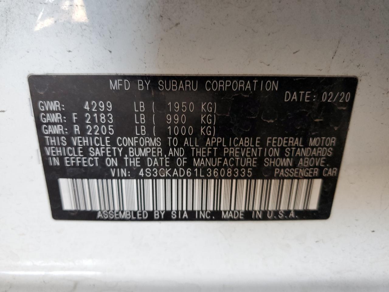 2020 Subaru Impreza Premium VIN: 4S3GKAD61L3608335 Lot: 84476785