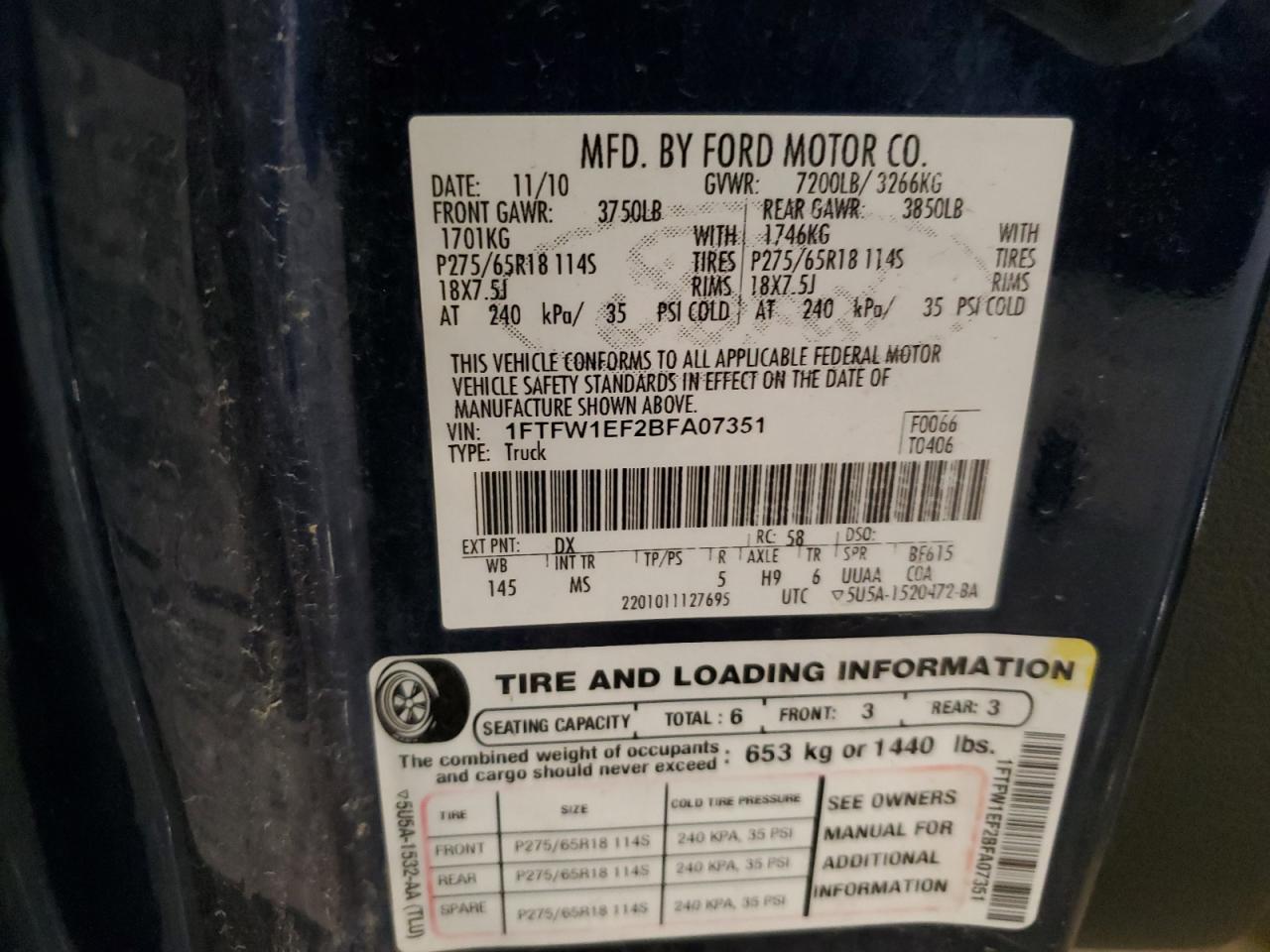 2011 Ford F150 Supercrew VIN: 1FTFW1EF2BFA07351 Lot: 82149425