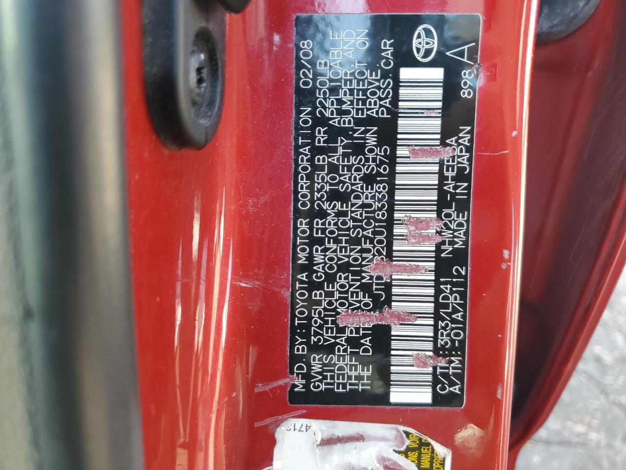 2008 Toyota Prius VIN: JTDKB20U183381675 Lot: 80827295