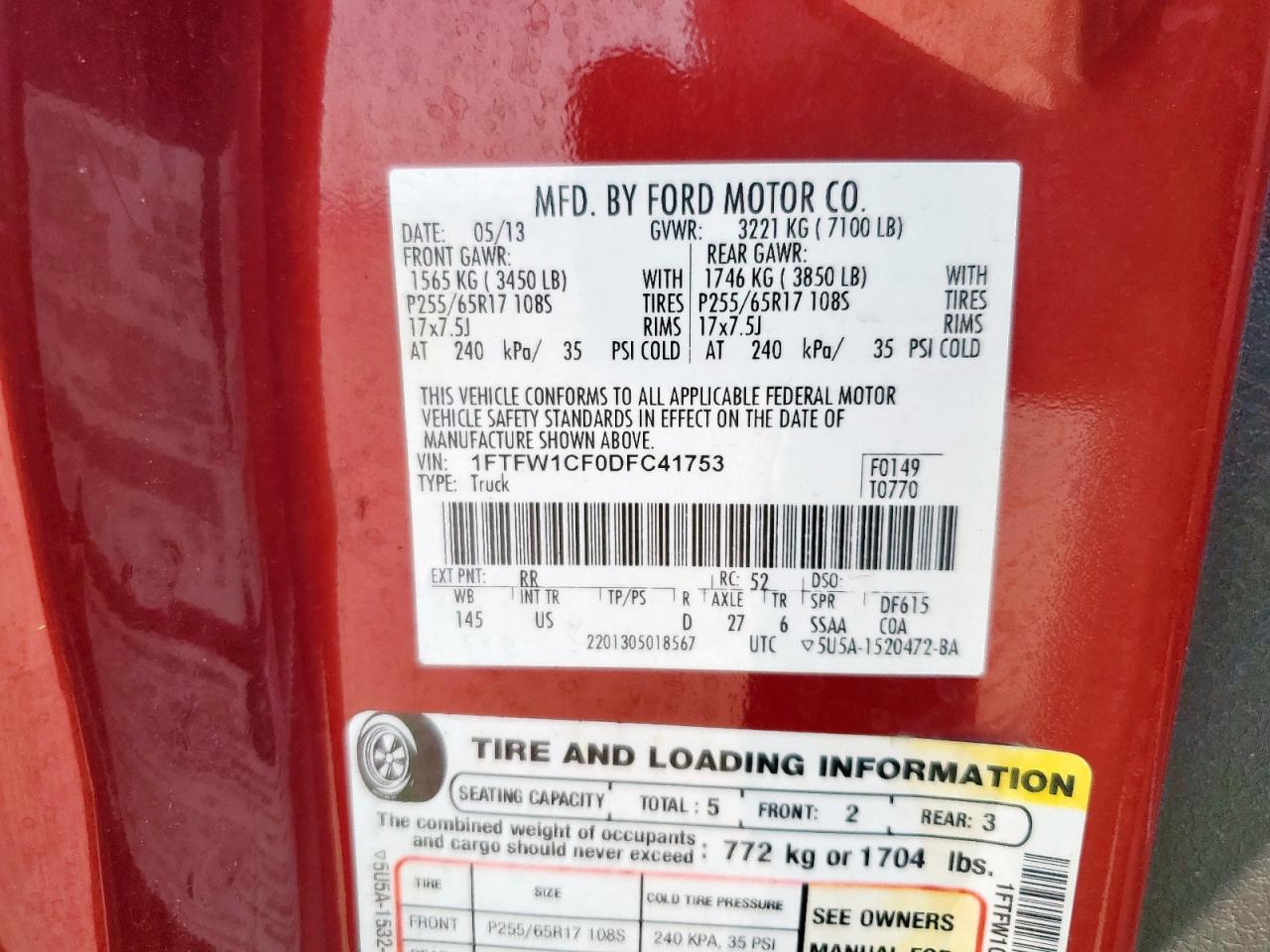 2013 Ford F150 Supercrew VIN: 1FTFW1CF0DFC41753 Lot: 81066835