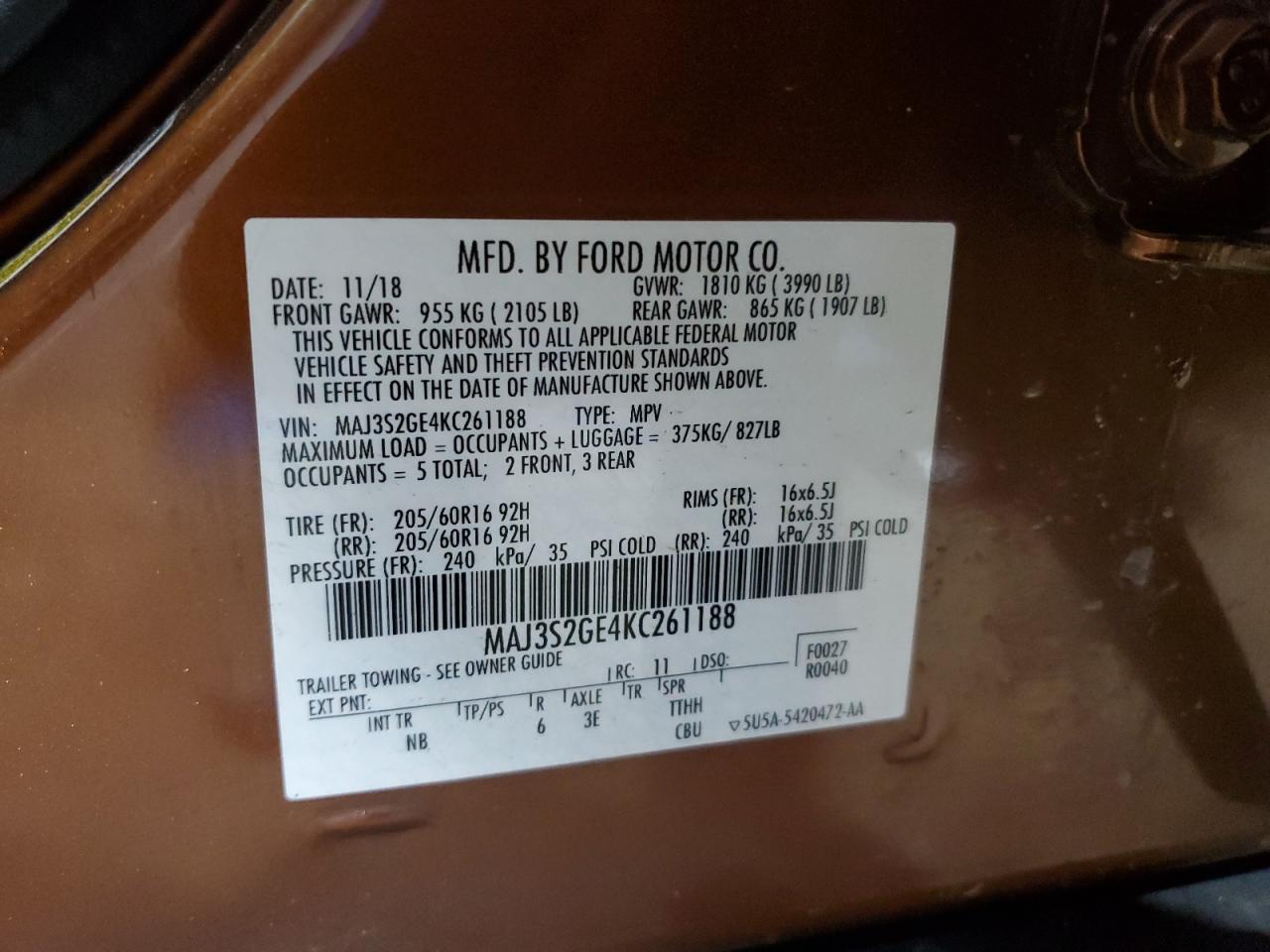 2019 Ford Ecosport Se VIN: MAJ3S2GE4KC261188 Lot: 80242685