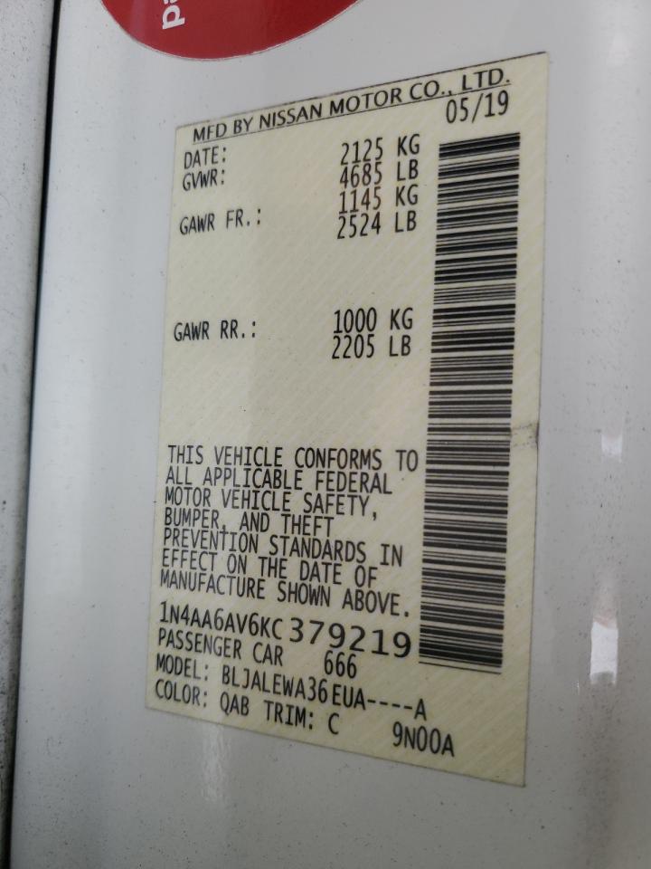 2019 Nissan Maxima S VIN: 1N4AA6AV6KC379219 Lot: 80446325