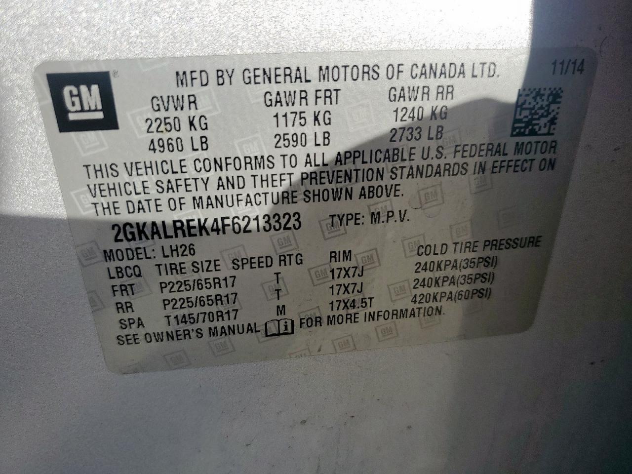 2015 GMC Terrain Sle VIN: 2GKALREK4F6213323 Lot: 84284695