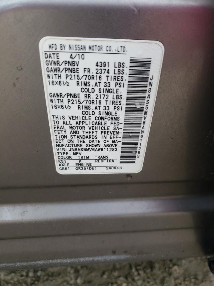 2010 Nissan Rogue S VIN: JN8AS5MV6AW611283 Lot: 72080385