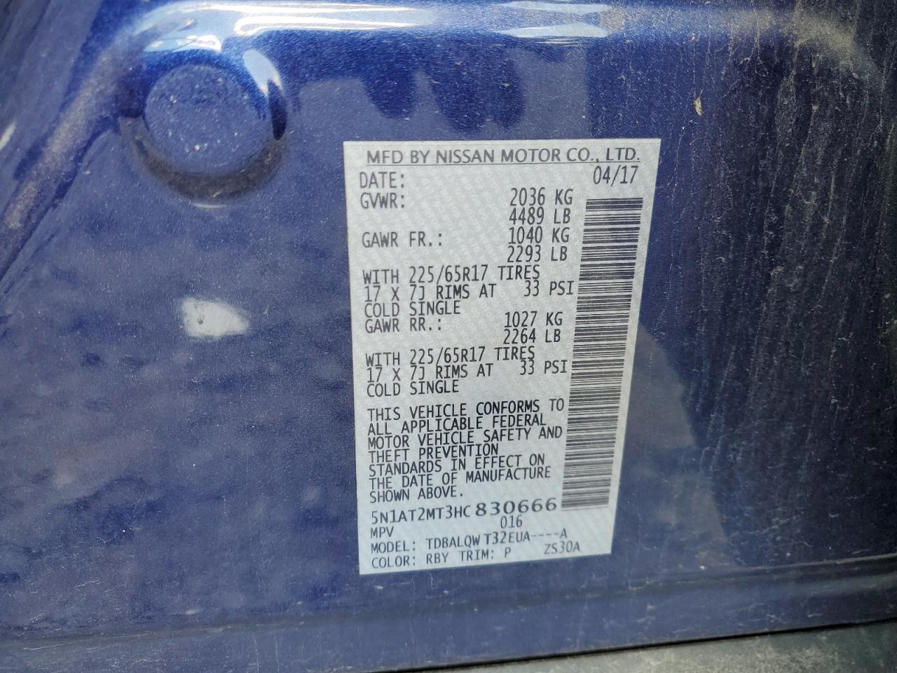 2017 Nissan Rogue S VIN: 5N1AT2MT3HC830666 Lot: 80060305