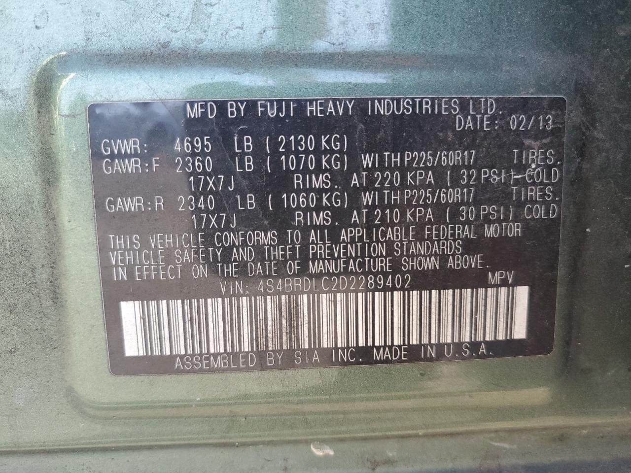 2013 Subaru Outback 3.6R Limited VIN: 4S4BRDLC2D2289402 Lot: 80828045