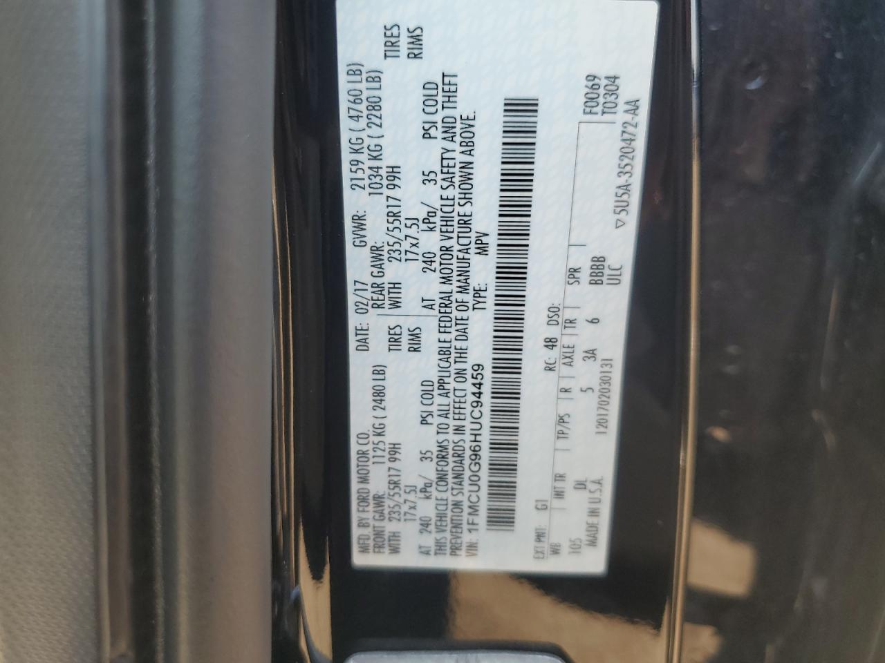 2017 Ford Escape Se VIN: 1FMCU0G96HUC94459 Lot: 80375425