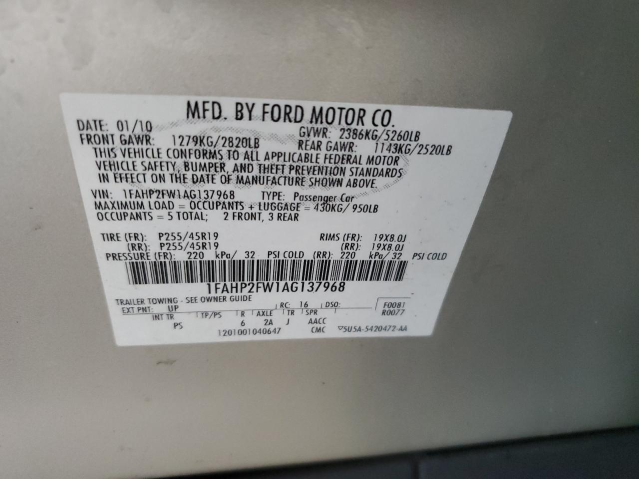 2010 Ford Taurus Limited VIN: 1FAHP2FW1AG137968 Lot: 80639735