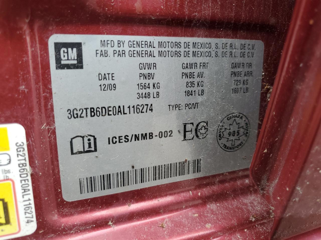 2010 Pontiac G3 Wave VIN: 3G2TB6DE0AL116274 Lot: 81039885